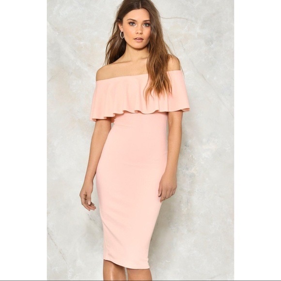 PrettyLittleThing. Size 8 pink midi off the shoulder dress. - Picture 1 of 4